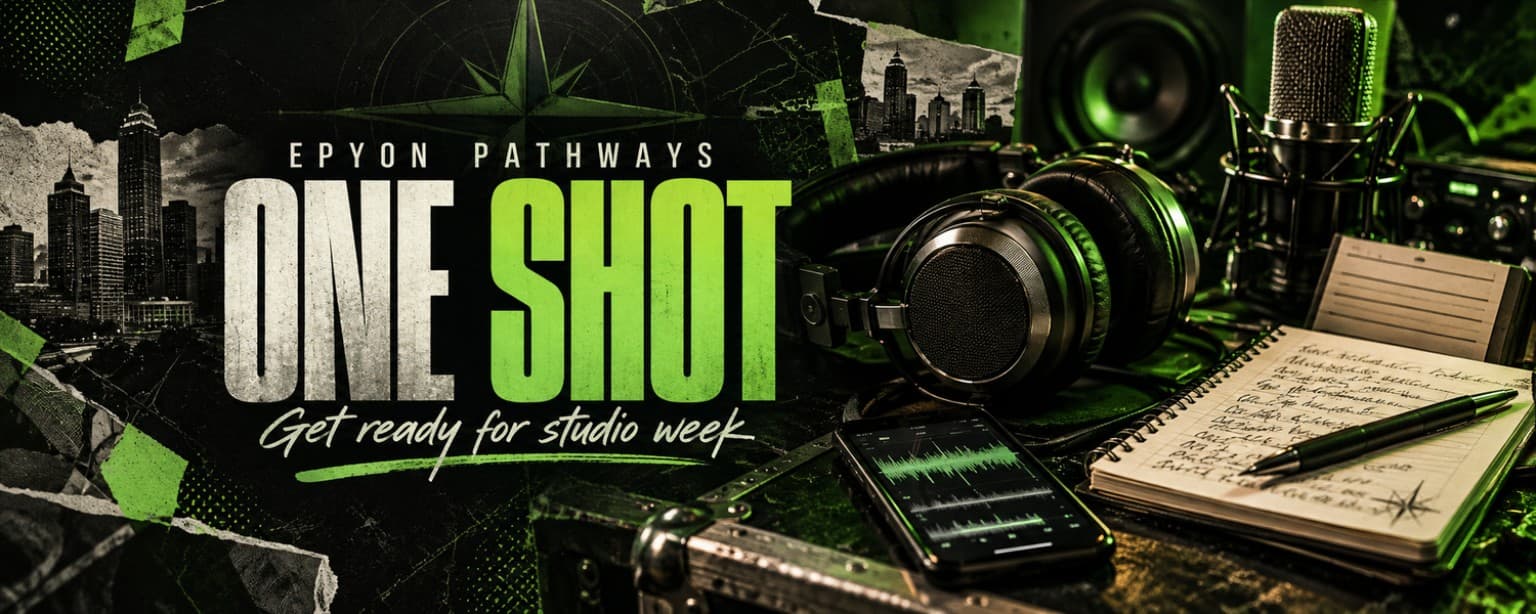 Epyon Pathways One Shot artwork with headphones, microphone, Atlanta skyline, and notebook