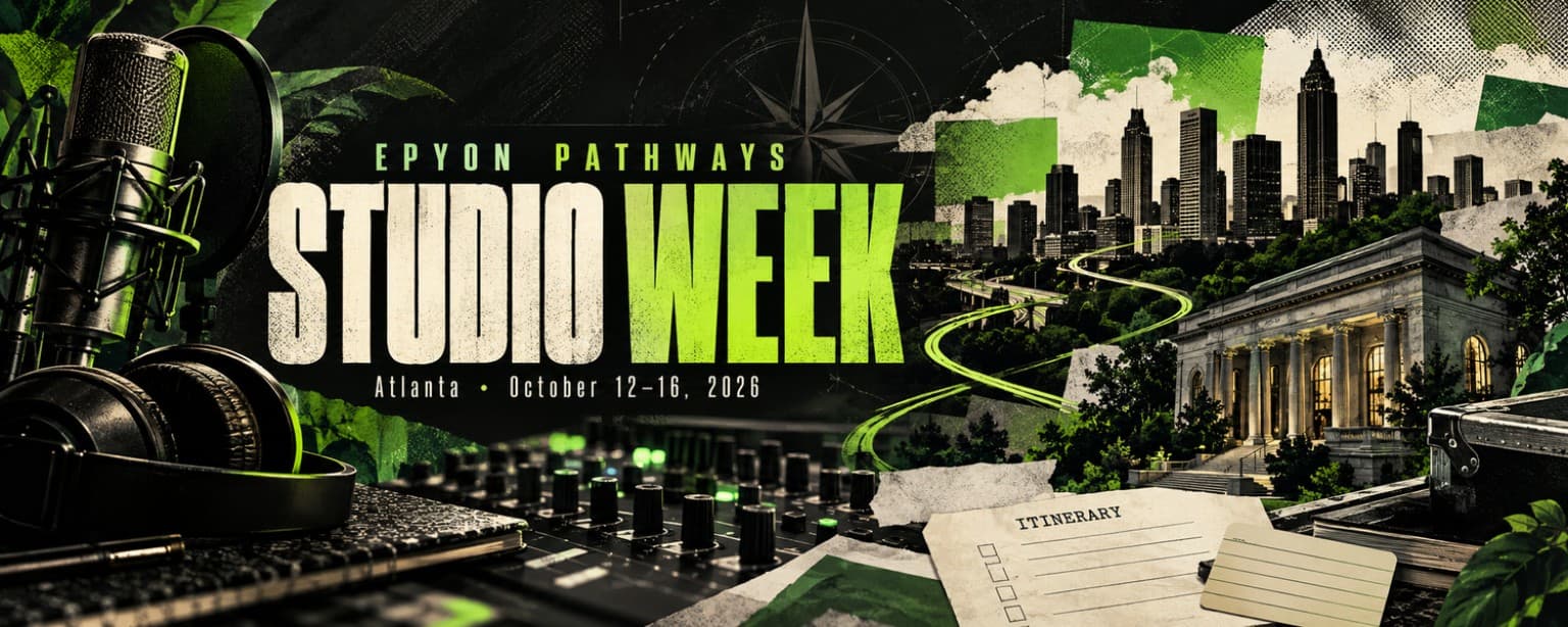 Epyon Pathways Studio Week artwork featuring microphones, mixing equipment, Atlanta landmarks, and a green route line